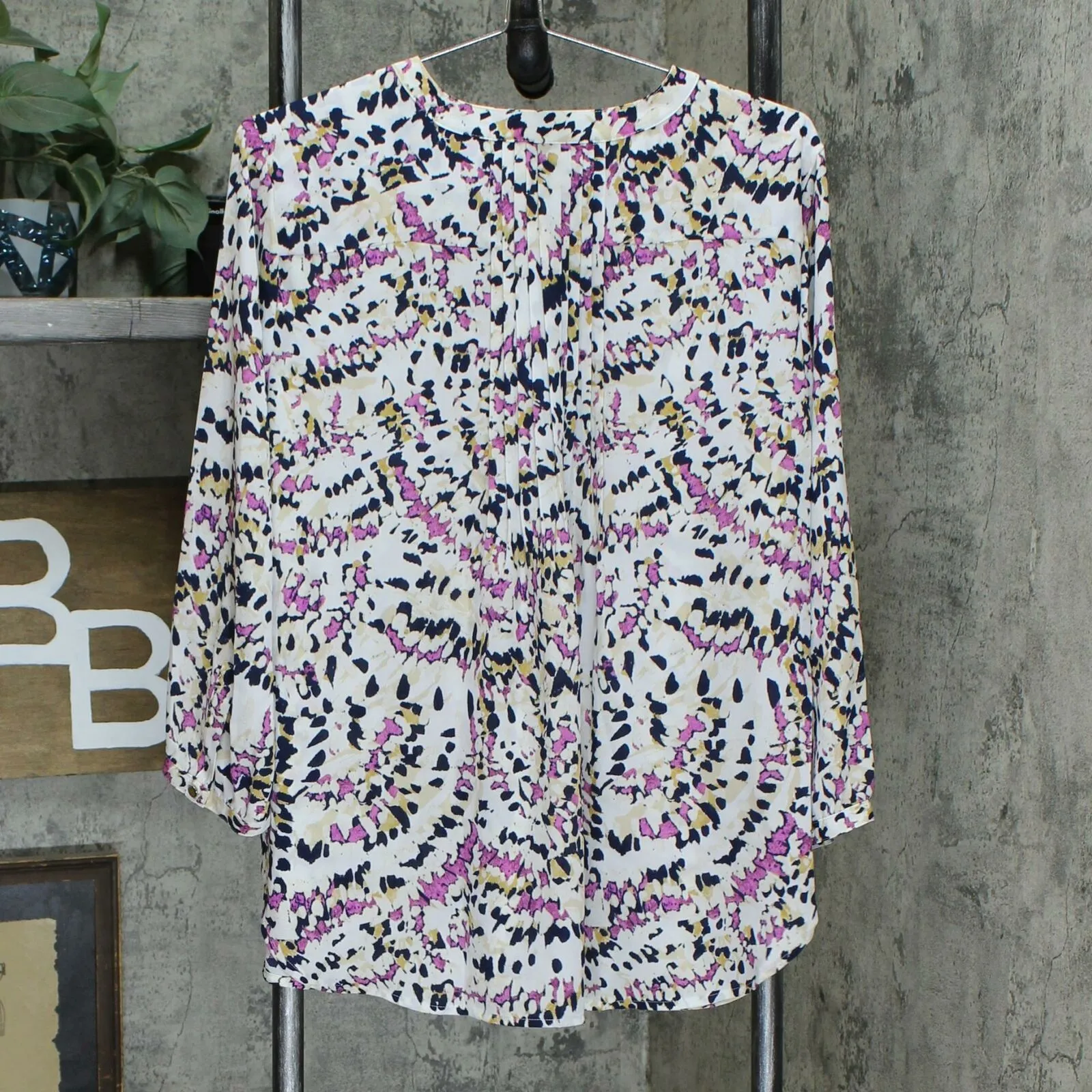 JM Collection 3/4-Sleeve Printed Pleat Back Blouse Pink Dahlia Large