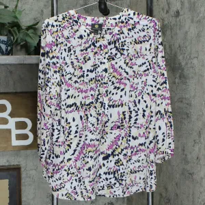 JM Collection 3/4-Sleeve Printed Pleat Back Blouse Pink Dahlia Large