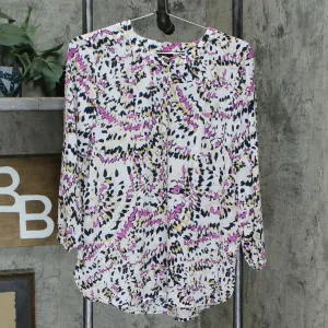 JM Collection 3/4-Sleeve Printed Pleat Back Blouse Pink Dahlia Medium