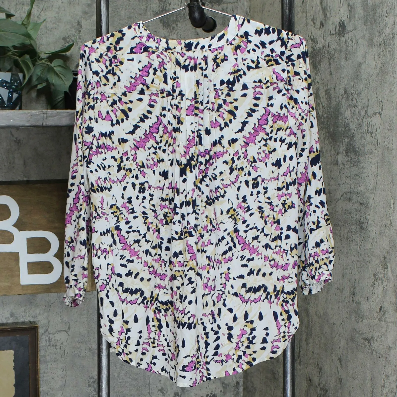 JM Collection 3/4-Sleeve Printed Pleat Back Blouse Pink Dahlia Small