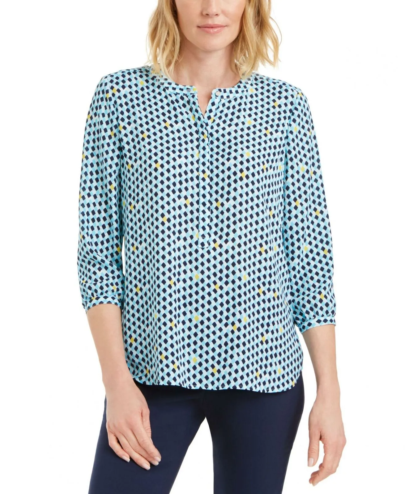JM Collection Petite Geo Half Button Placket Pleat Back Blouse