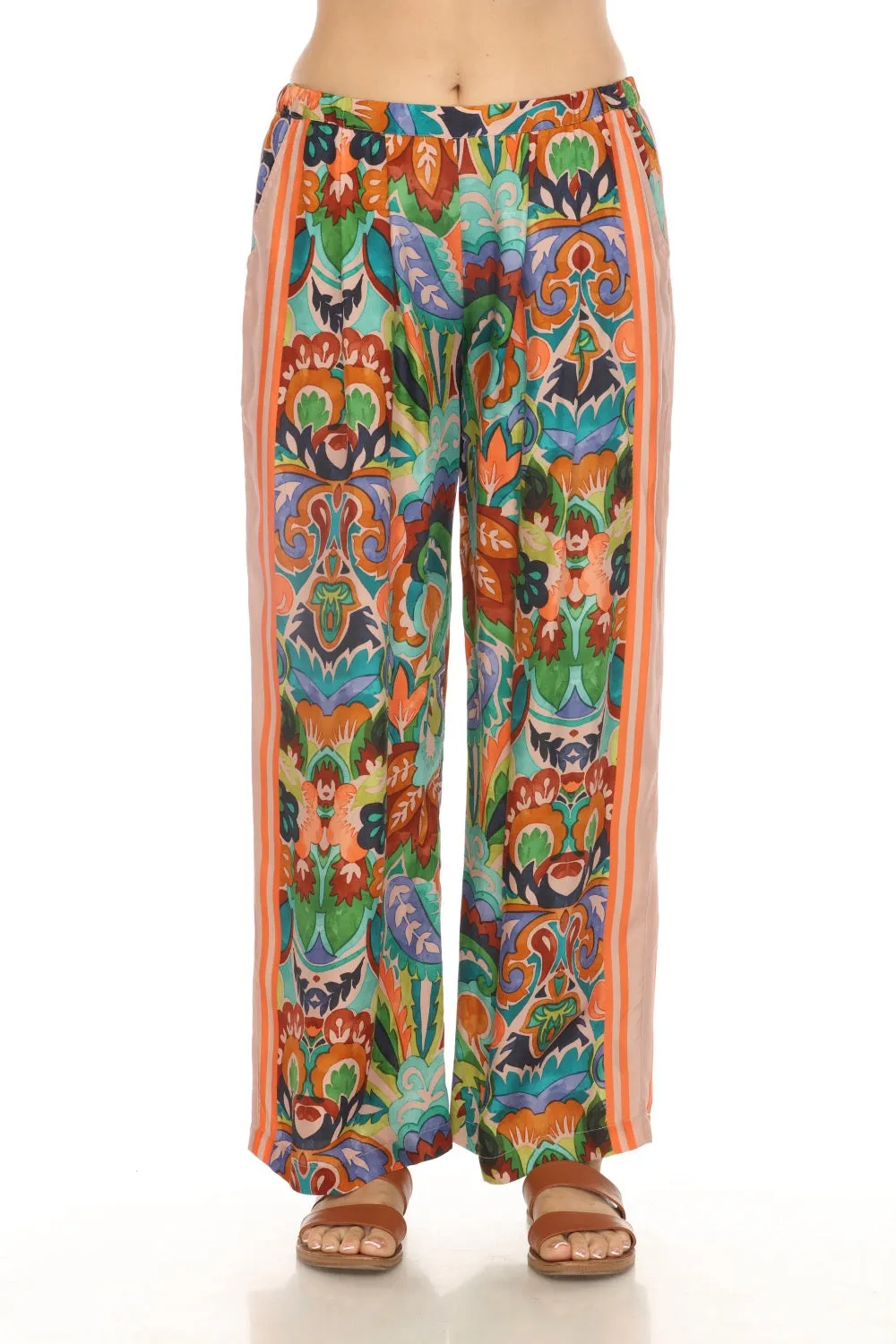 Johnny Was Floral Stripes Pull-On Wide Leg Pants JW7887