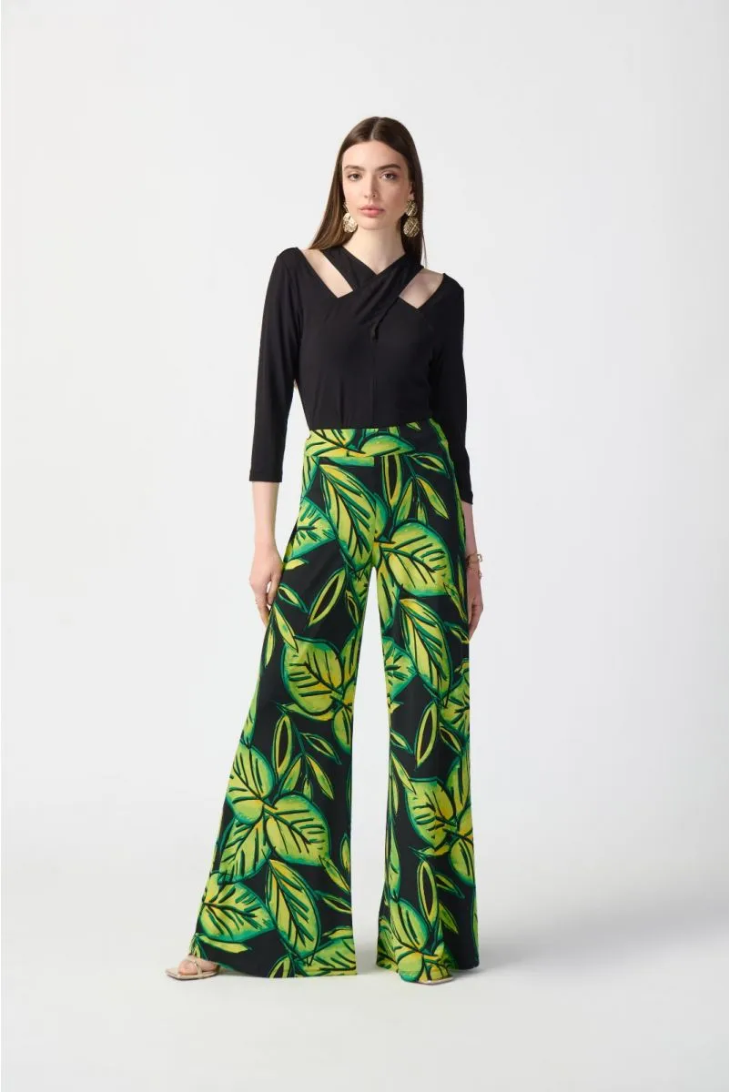 Joseph Ribkoff Black/Multi Tropical Leaf Print Pull On Wide Leg Pants 241288