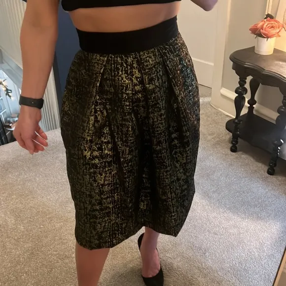 Julien Paris High Waisted Gold and Black Metallic Midi Skirt Velvet Band Size 2
