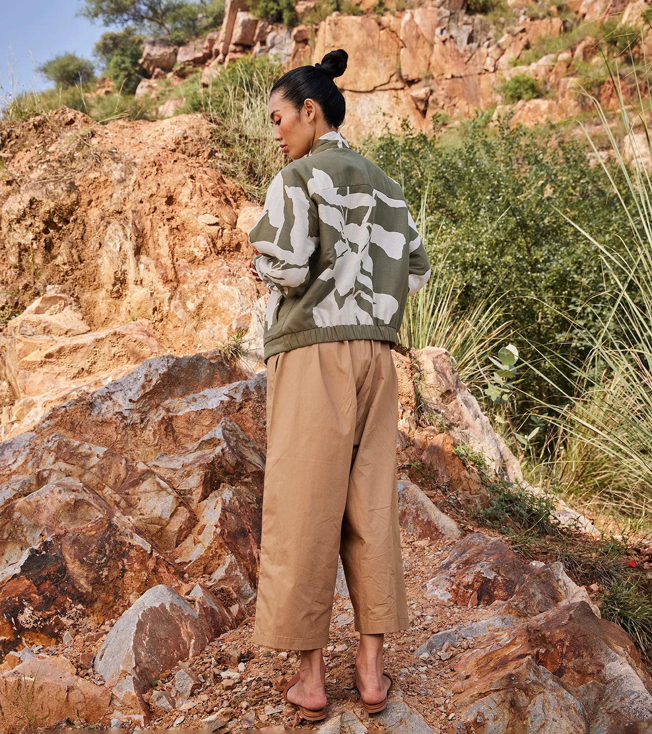 Khara Kapas Haze Beneath Bomber Jacket 100% Cotton with Warm Sandwich Fabric Green and Off-white  KW669