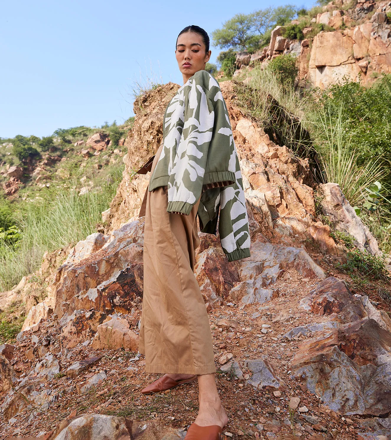 Khara Kapas Haze Beneath Bomber Jacket 100% Cotton with Warm Sandwich Fabric Green and Off-white  KW669
