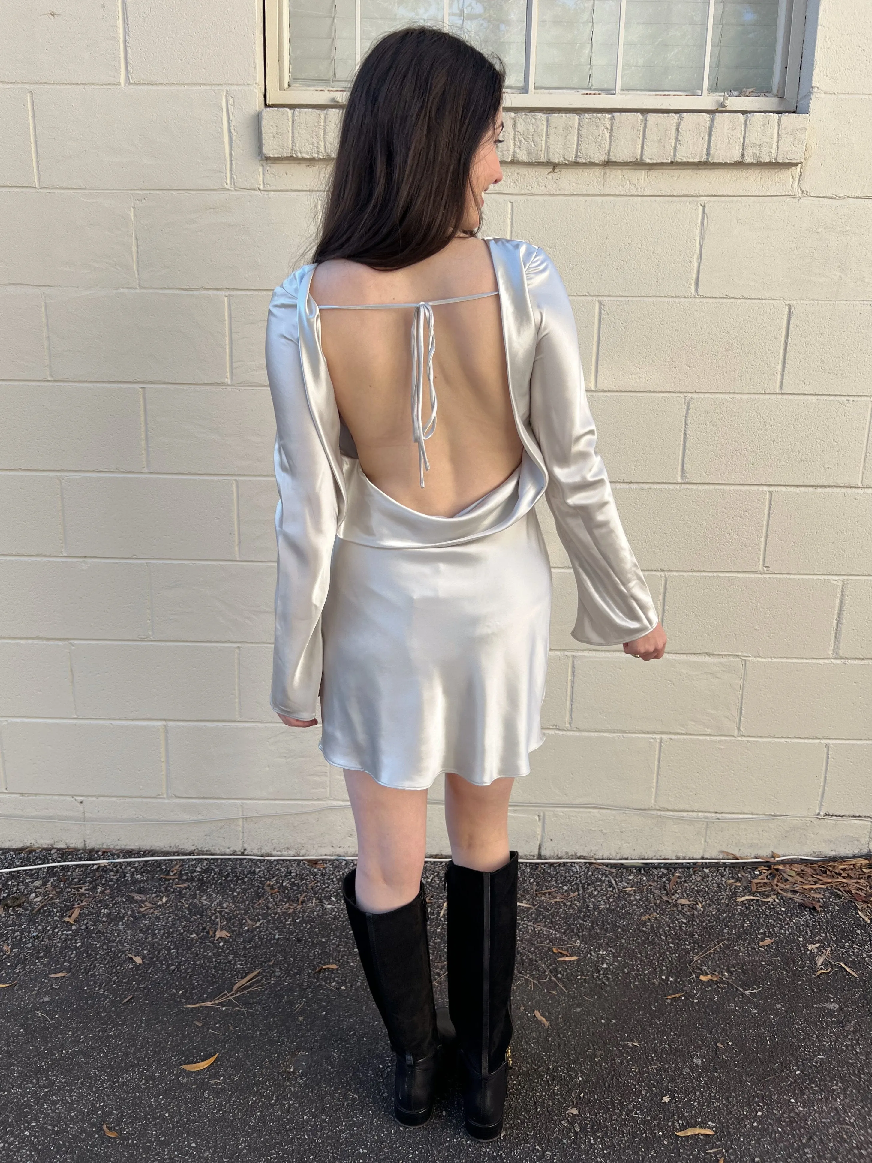 Kim Open Back Long Sleeve Mini Dress - Silver