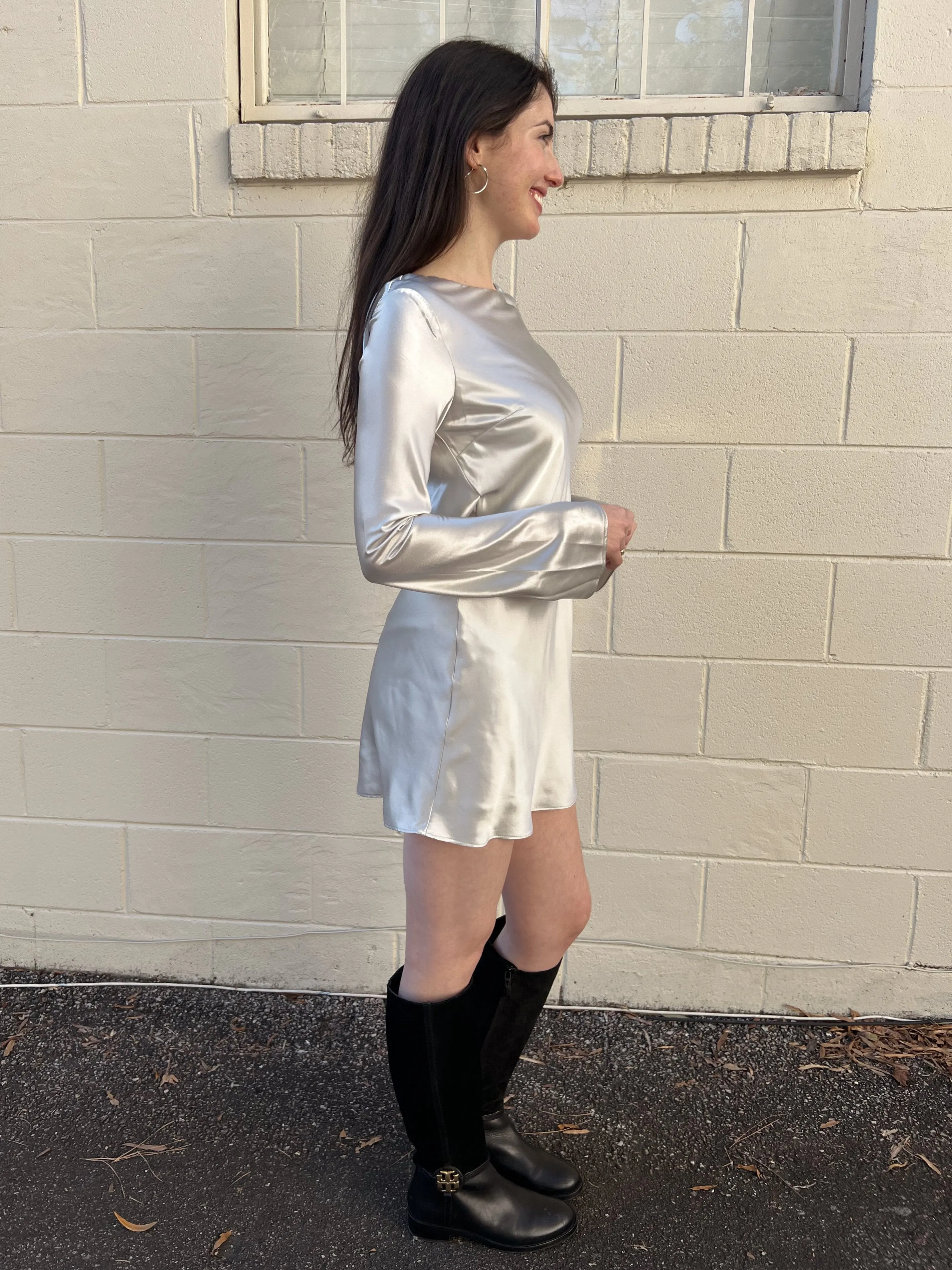 Kim Open Back Long Sleeve Mini Dress - Silver