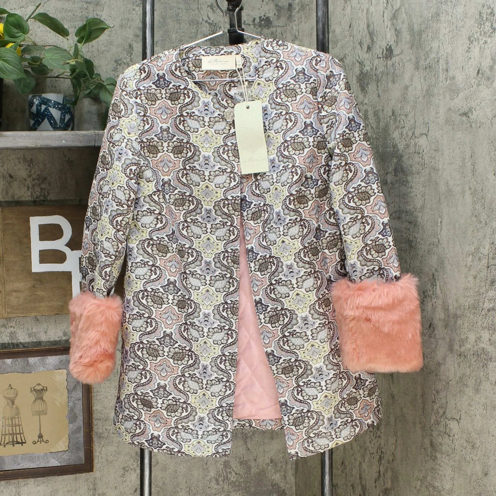 LaBellum by Hillary Scott Jacquard Topper Jacket With Faux Fur Cuffs