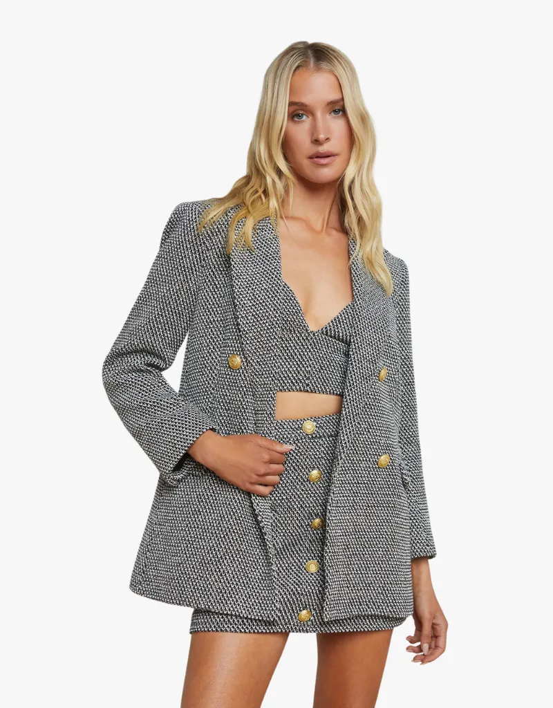L'agence Riva Oversized Knit Blazer in Black, Ivory & Gold