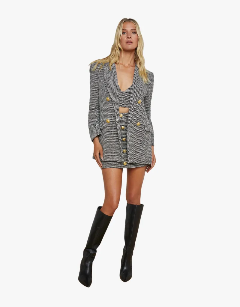 L'agence Riva Oversized Knit Blazer in Black, Ivory & Gold