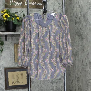 LC Lauren Conrad Womens Lined Pleated Long Sleeve Blouse Shirt Top Gray Floral S