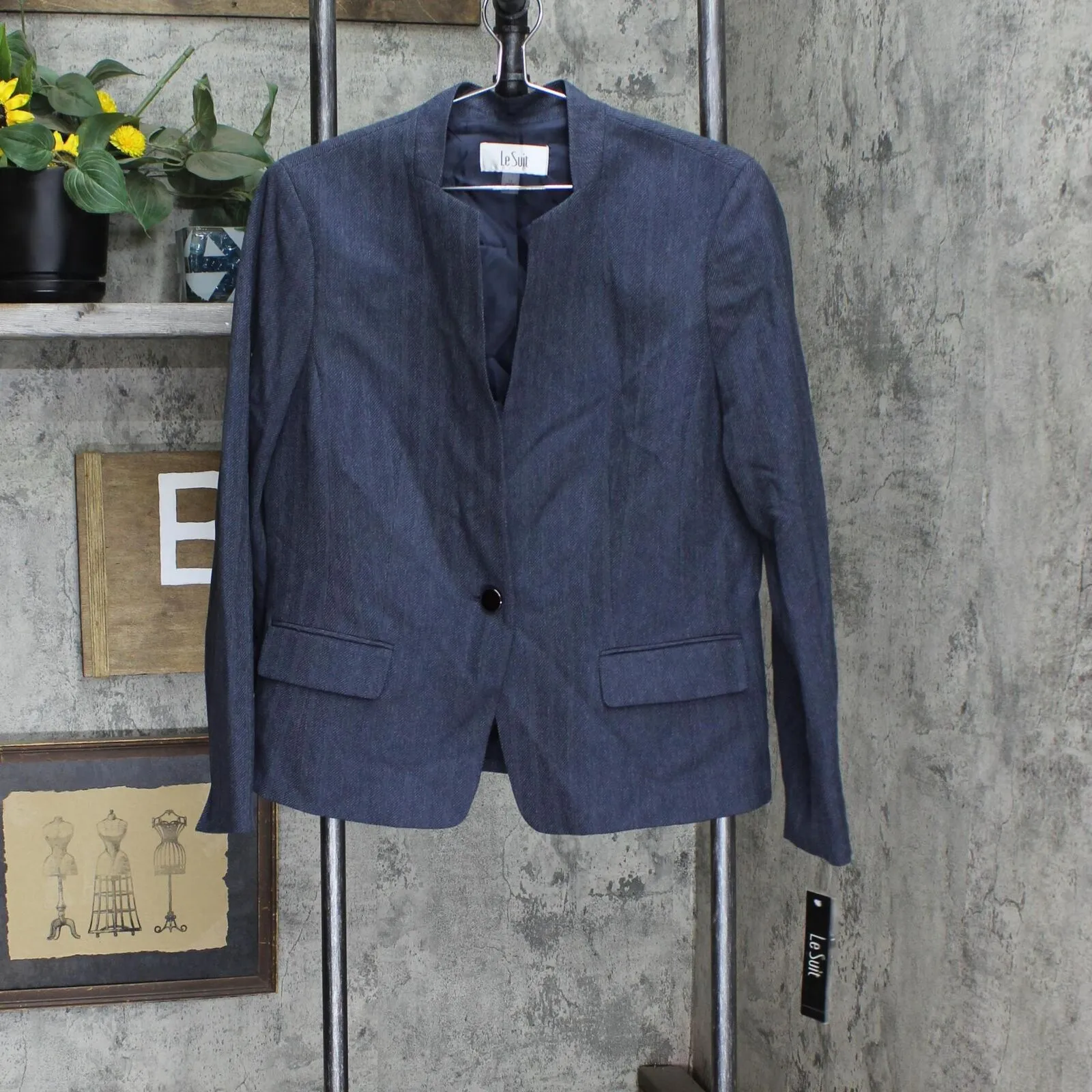Le Suit Womens Stand-Collar Single-Button Suit Jacket 50040459 Denim Blue 14