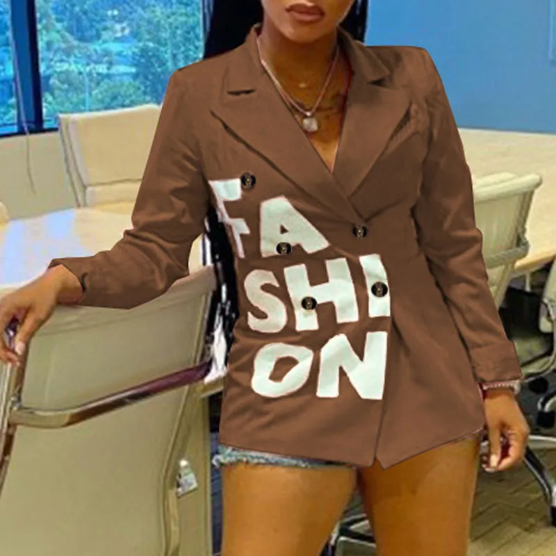 Letter Print Double Breasted Long Sleeve Blazer Coat