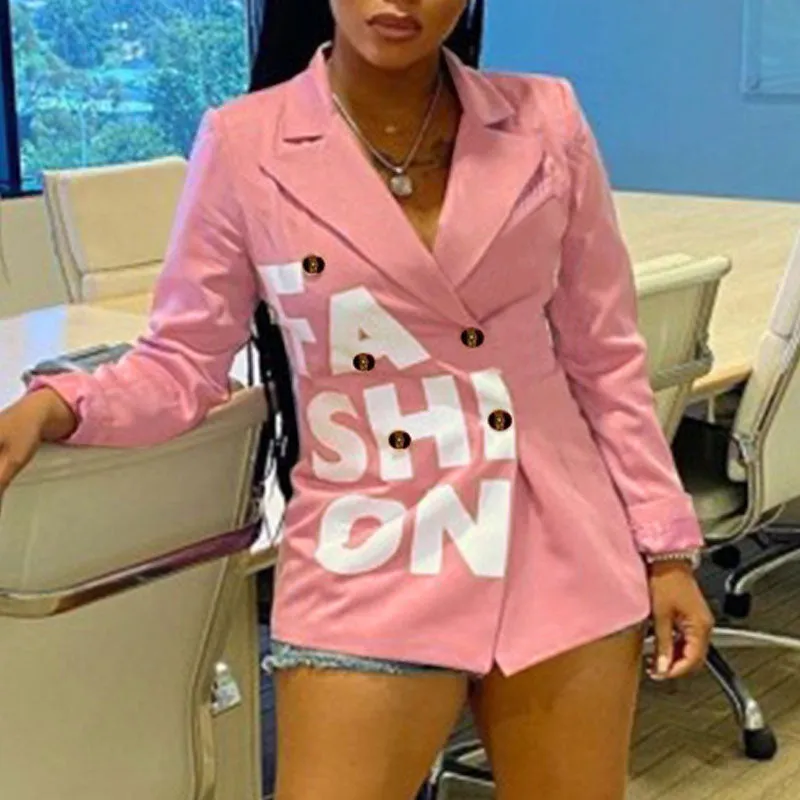 Letter Print Double Breasted Long Sleeve Blazer Coat