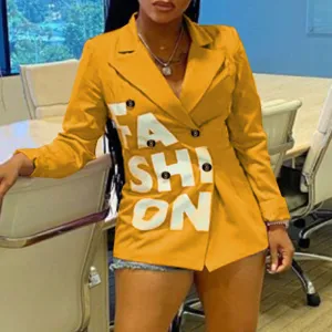 Letter Print Double Breasted Long Sleeve Blazer Coat