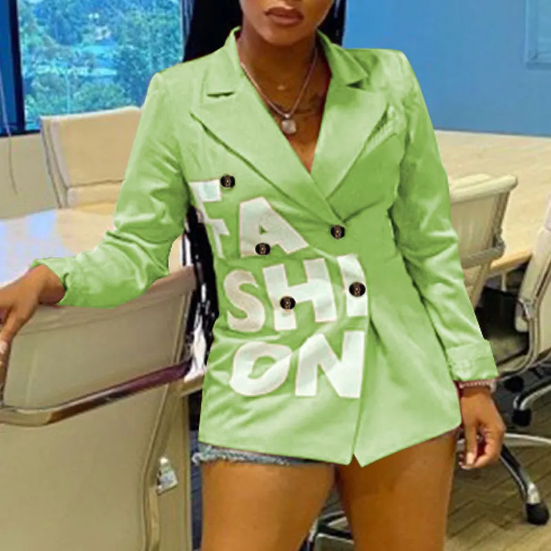 Letter Print Double Breasted Long Sleeve Blazer Coat