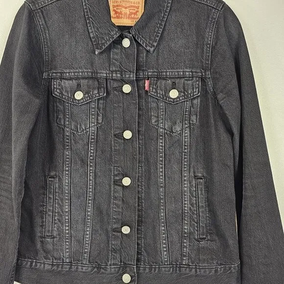 Levis Womens Denim Trucker Jacket Size XS Black Denim Dark Wash Button Front