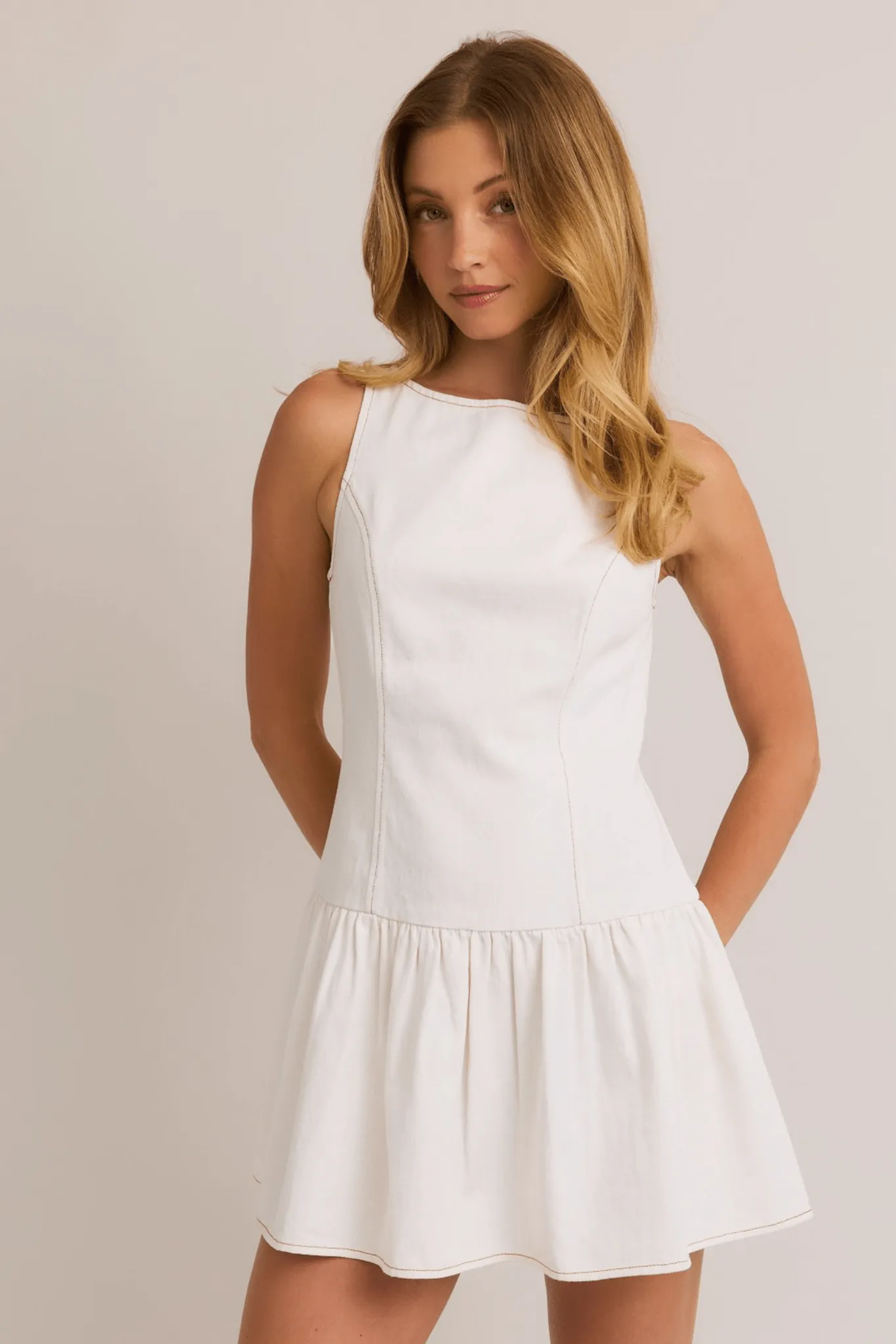 Lively Boat Neck Denim Dress in White