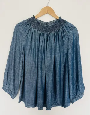 LOFT Chambray Blouse Sz M Smock Pleated Neck Balloon Sleeves Top Flowy Boho