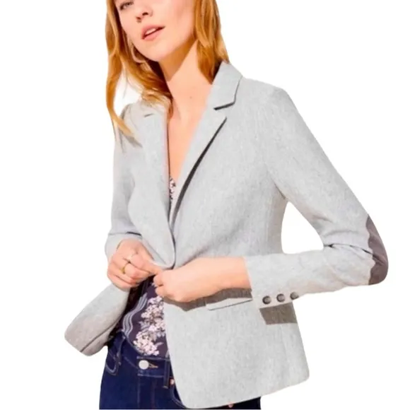 Loft Women's Size 4 Herringbone Knit Blazer Jacket Single Breasted Elbow Patches