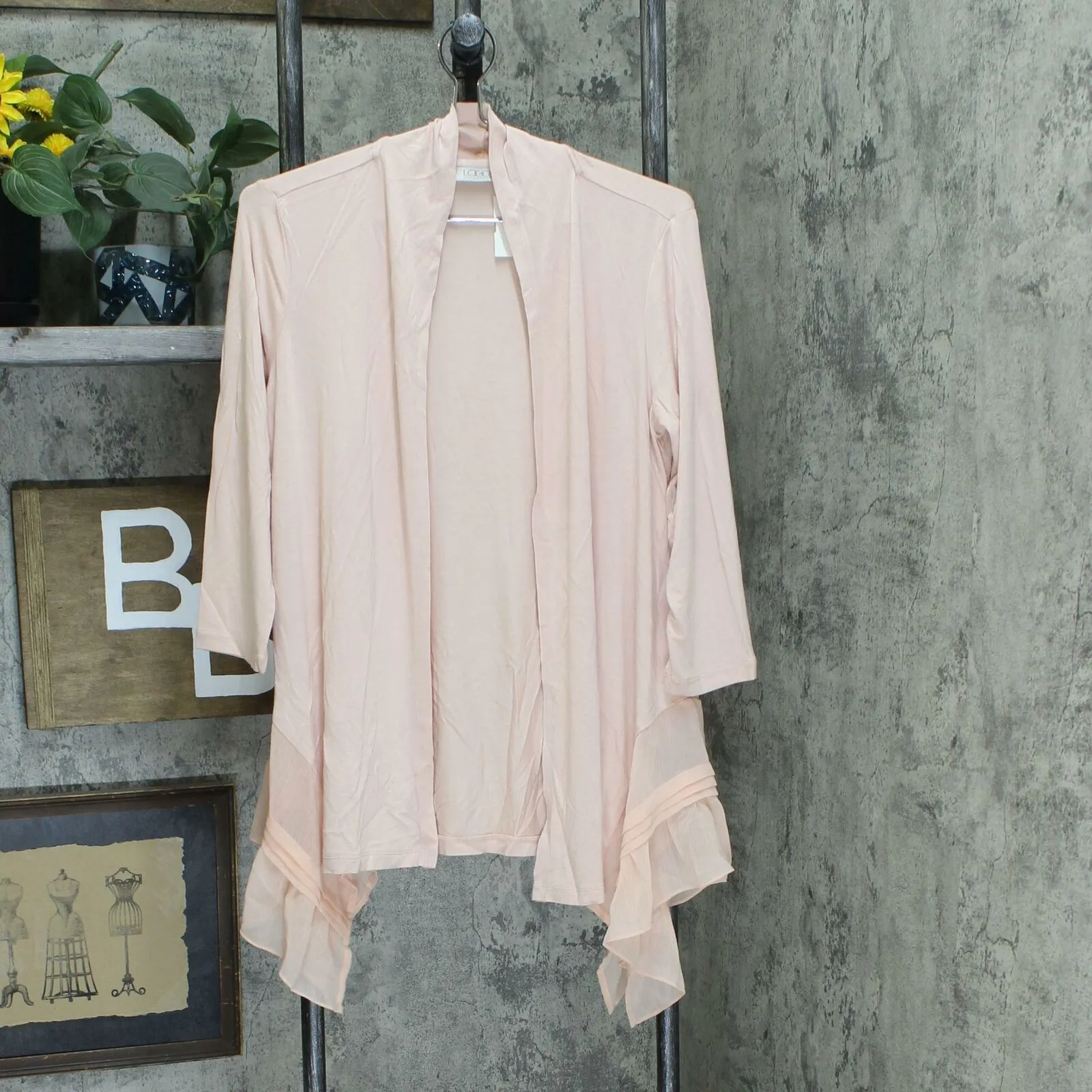LOGO by Lori Goldstein Petite Knit Cardigan With Pleated Chiffon Hem