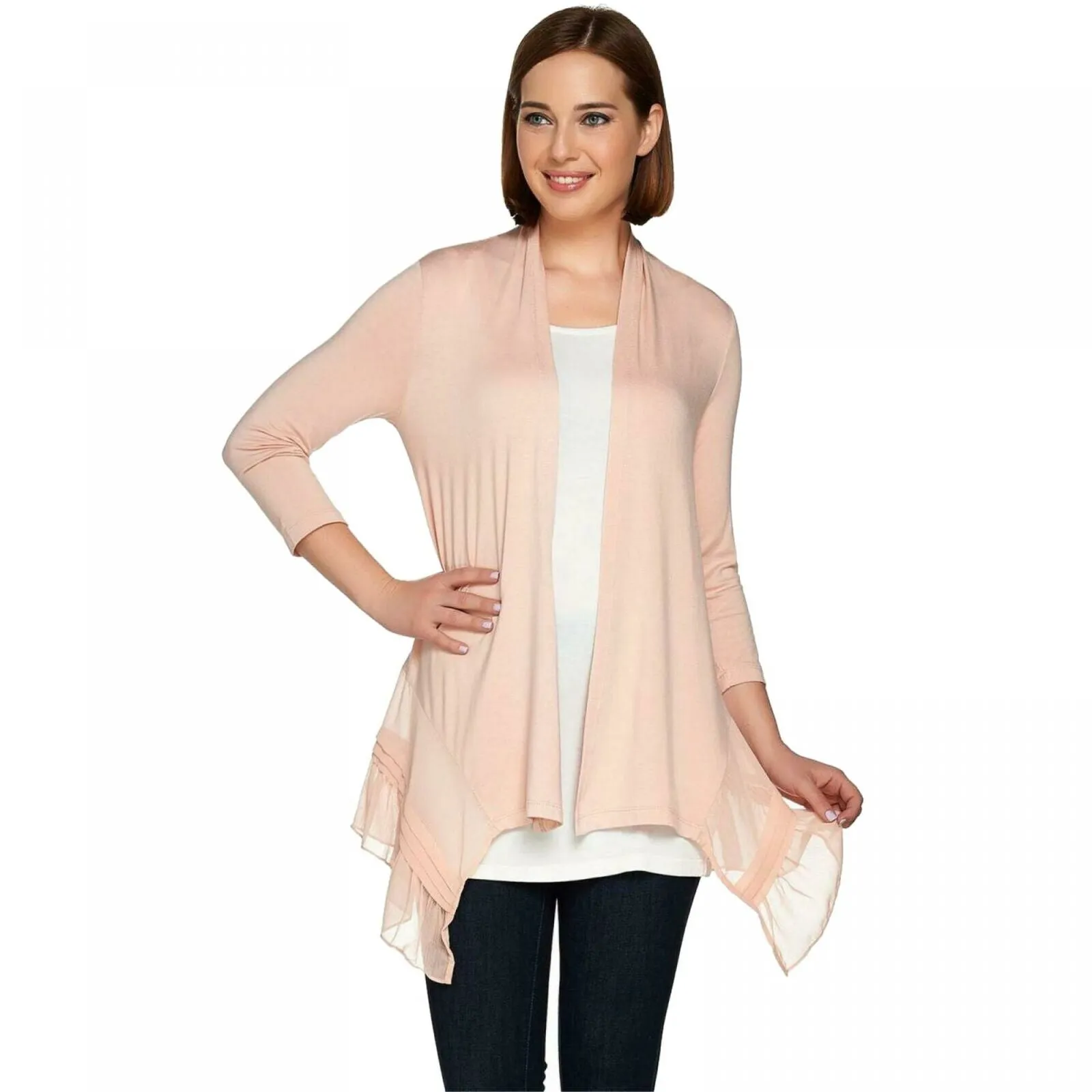 LOGO by Lori Goldstein Petite Knit Cardigan With Pleated Chiffon Hem