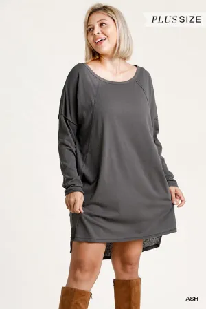 Long Raglan Sleeve Round Neck Raw Edged Detail Dress With Side Slits And Pockets