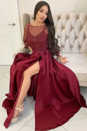 Long Sleeves Maroon Long Prom Dress with Slit, Burgundy Formal Graduation Evening Dress