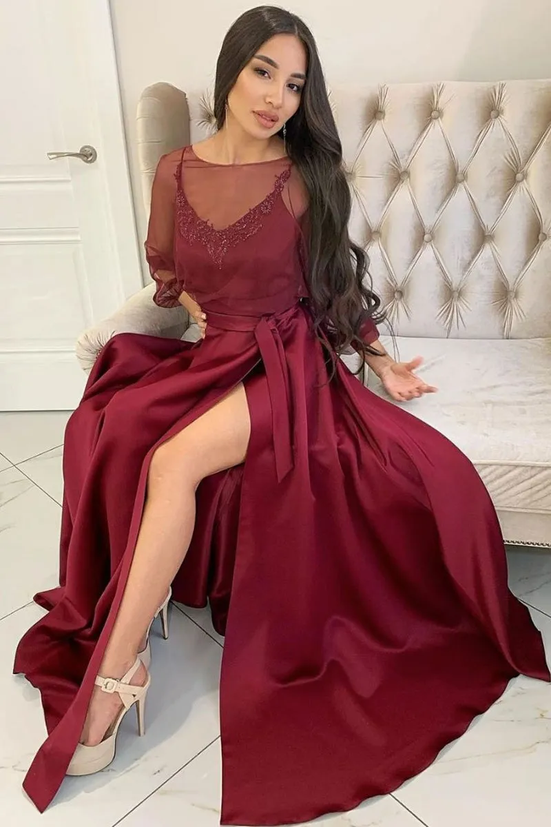 Long Sleeves Maroon Long Prom Dress with Slit, Burgundy Formal Graduation Evening Dress