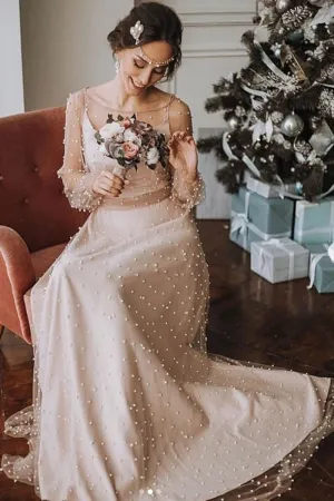 Long Sleeves Round Neck Champagne Beaded Long Prom Dress, Long Sleeves Champagne Formal Dress, Champagne Evening Dress