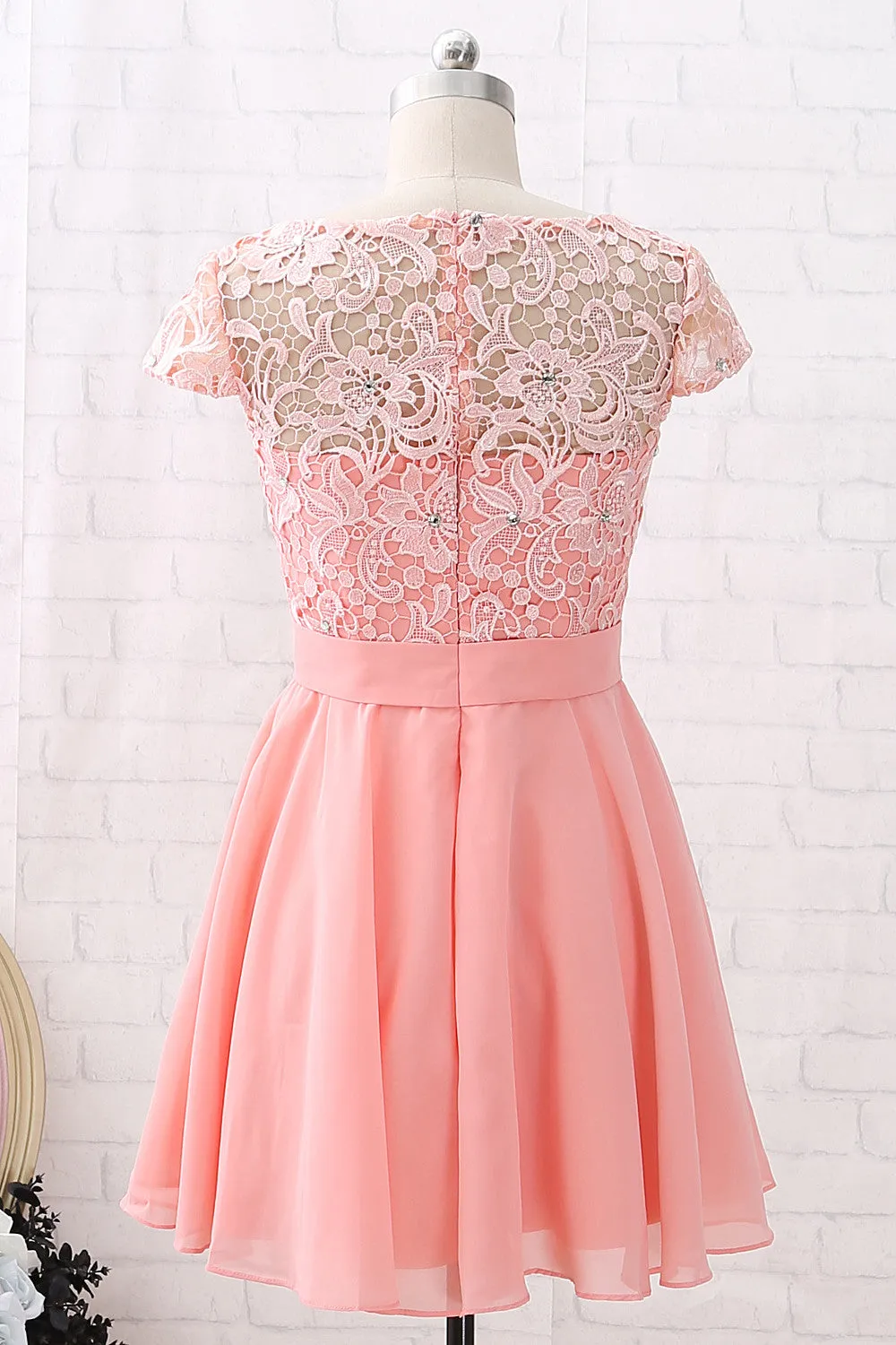 MACloth Cap Sleeves O Neck Lace Chiffon Mini Prom Homecoming Dress Peach Cocktail Dress