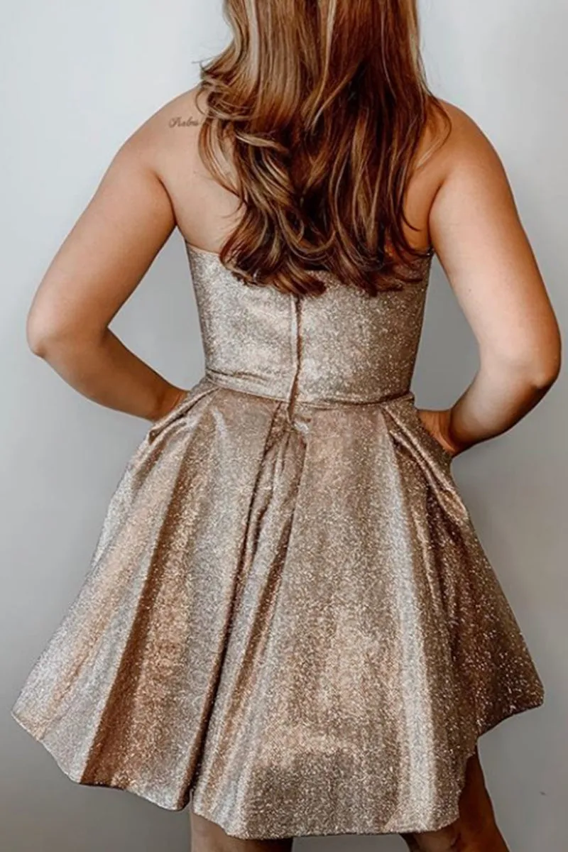 MACloth Halter O Neck Mini Prom Homecoming Dress Mocha Silver Cocktail Party Dress