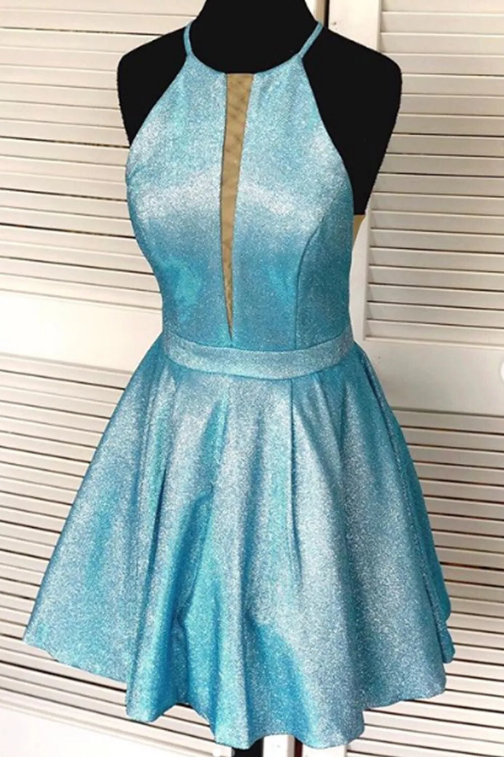 MACloth Halter O Neck Satin Mini Prom Homecoming Dress Mocha Silver Cocktail Dress