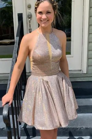 MACloth Halter O Neck Satin Mini Prom Homecoming Dress Mocha Silver Cocktail Dress