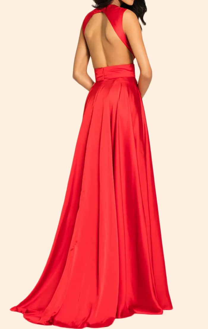 MACloth O Neck Satin Chiffon Long Prom Dress Red Formal Evening Gown