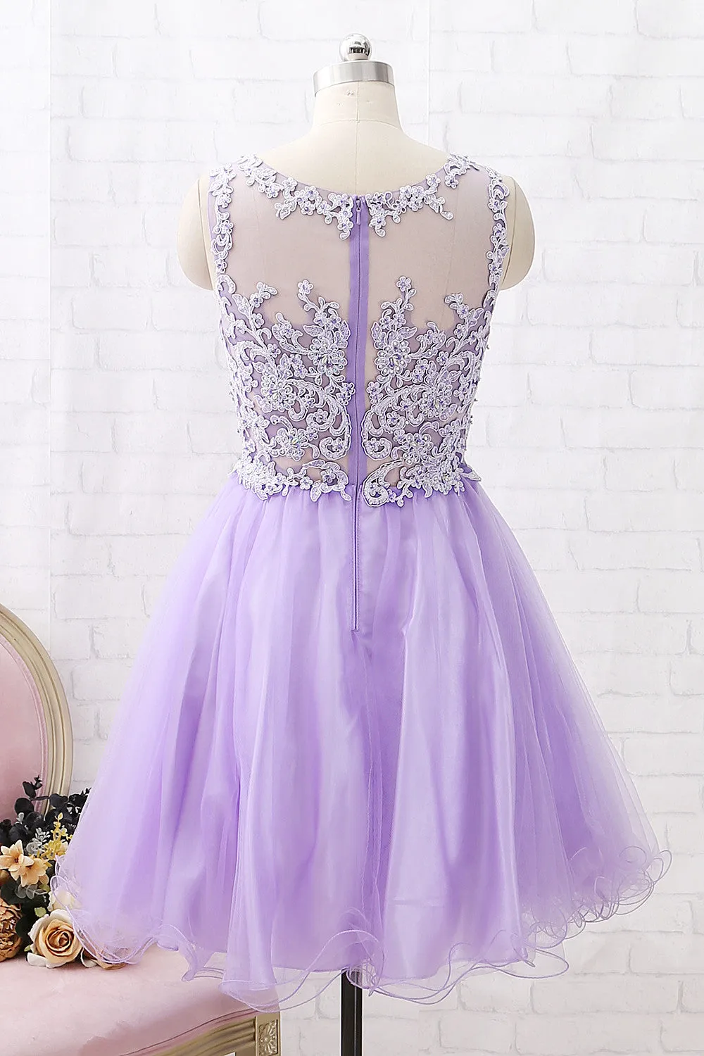 MACloth Straps O Neck Lace Tulle Mini Prom Homecoming Dress Lavender Party Formal Dress