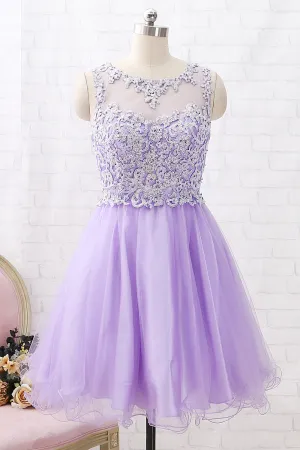 MACloth Straps O Neck Lace Tulle Mini Prom Homecoming Dress Lavender Party Formal Dress