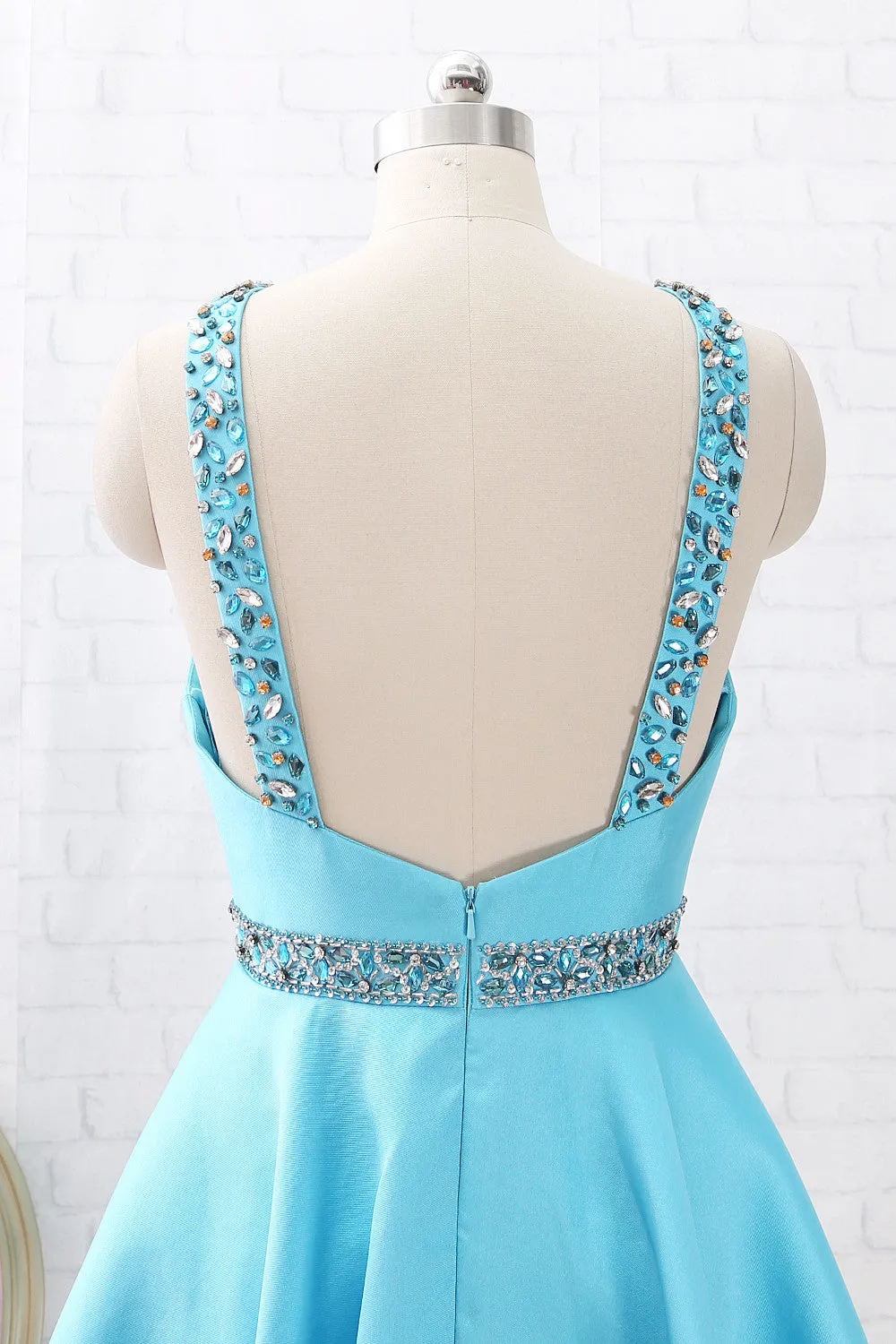 MACloth Straps O Neck with Crystals Short Prom Homecoming Dress Blue Wedding Party Dress