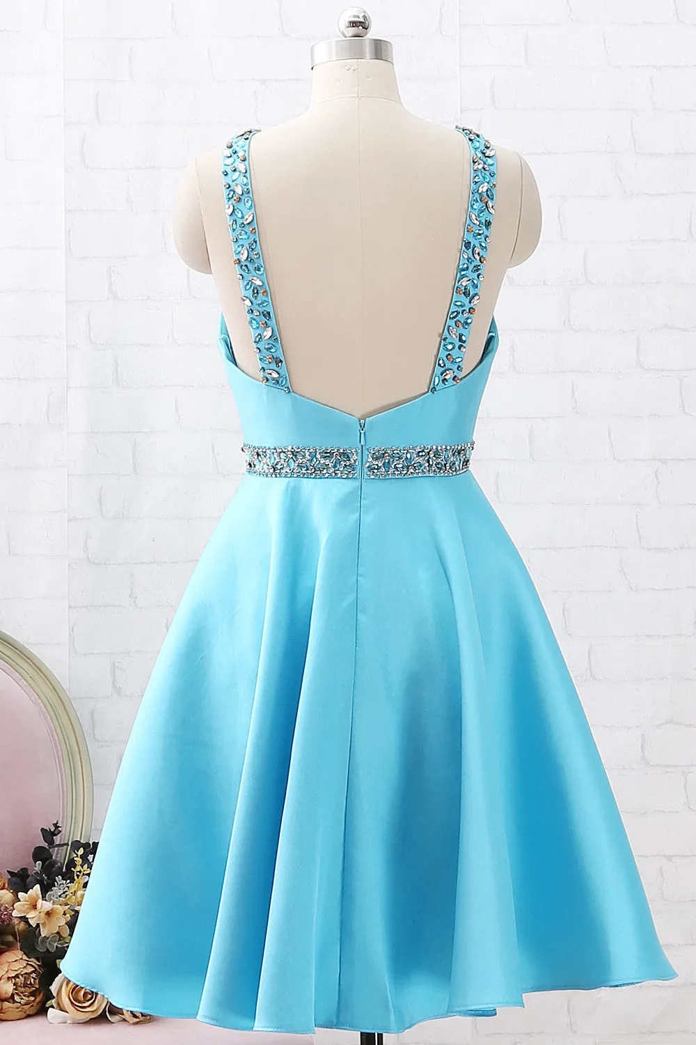 MACloth Straps O Neck with Crystals Short Prom Homecoming Dress Blue Wedding Party Dress