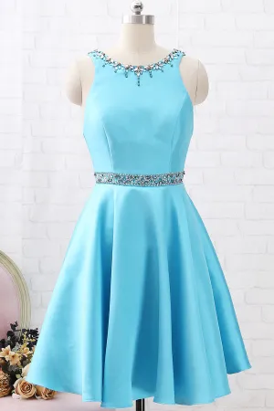 MACloth Straps O Neck with Crystals Short Prom Homecoming Dress Blue Wedding Party Dress