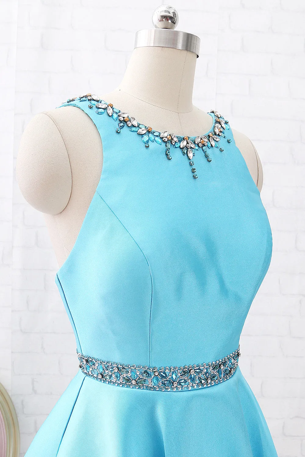 MACloth Straps O Neck with Crystals Short Prom Homecoming Dress Blue Wedding Party Dress
