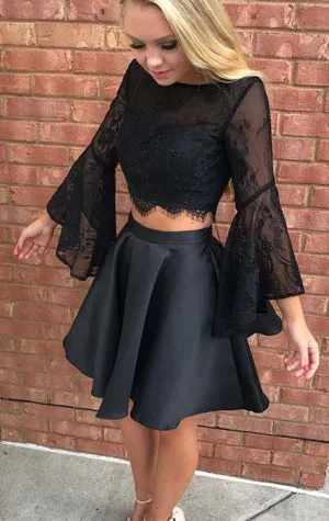 MACloth Two Piece Long Sleeves Lace Satin Mini Prom Homecoming Dress Black Wedding Party Dress