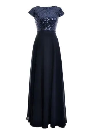 MACloth Women Cap Sleeve Sequin Long Birdesmaid Dress Wedding Party Formal Gown
