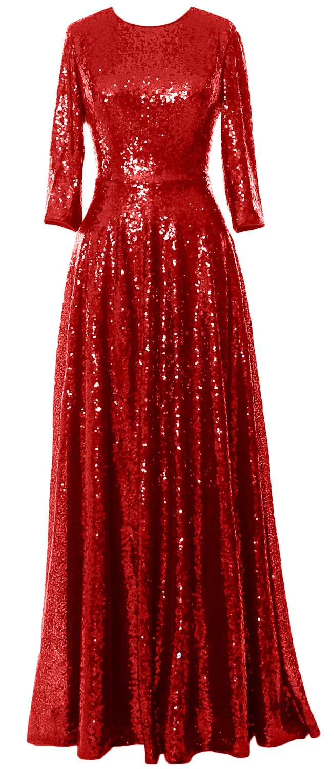 MACloth Women Mother of Bride Long Dresses 3/4 Sleeves Sequin Evening Gown Wedding Party Evening Performance Coustum