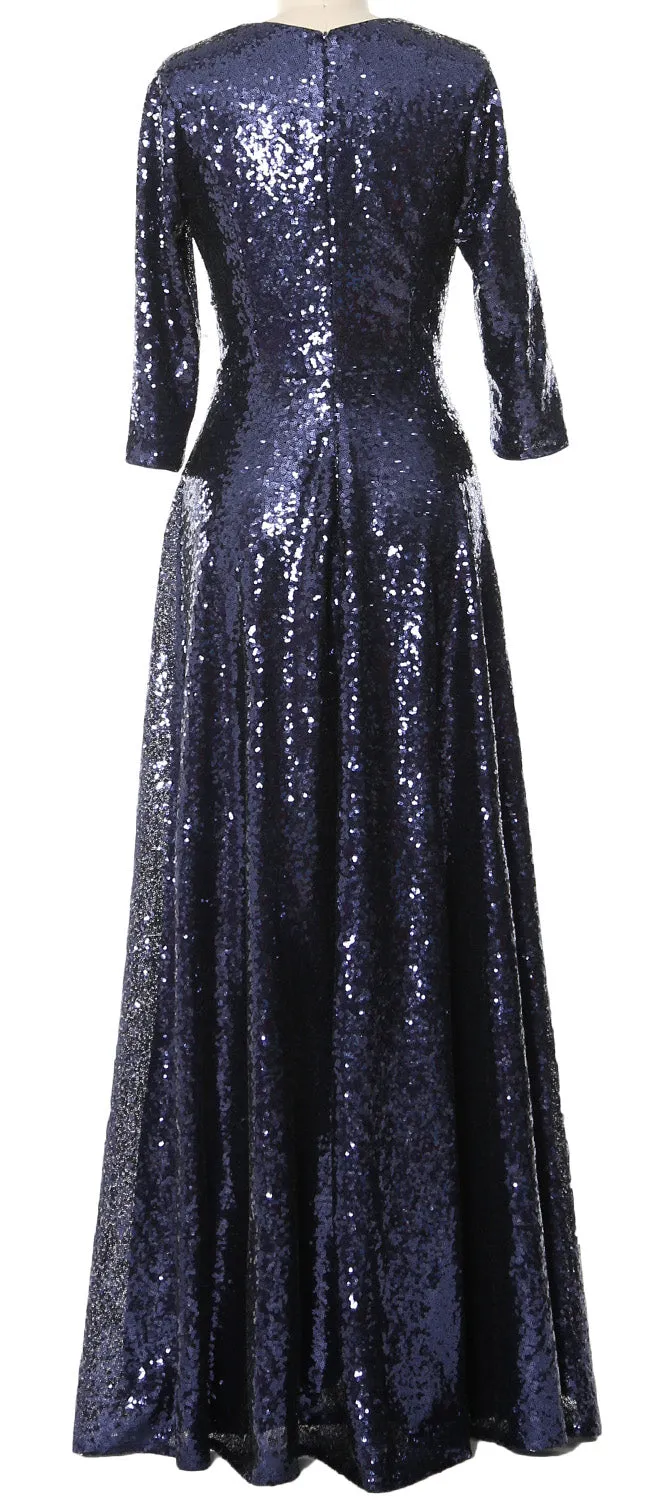 MACloth Women Mother of Bride Long Dresses 3/4 Sleeves Sequin Evening Gown Wedding Party Evening Performance Coustum