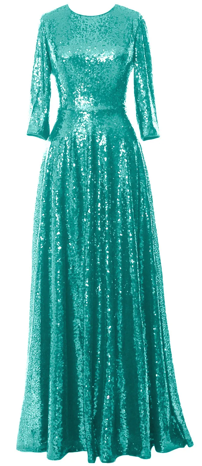 MACloth Women Mother of Bride Long Dresses 3/4 Sleeves Sequin Evening Gown Wedding Party Evening Performance Coustum