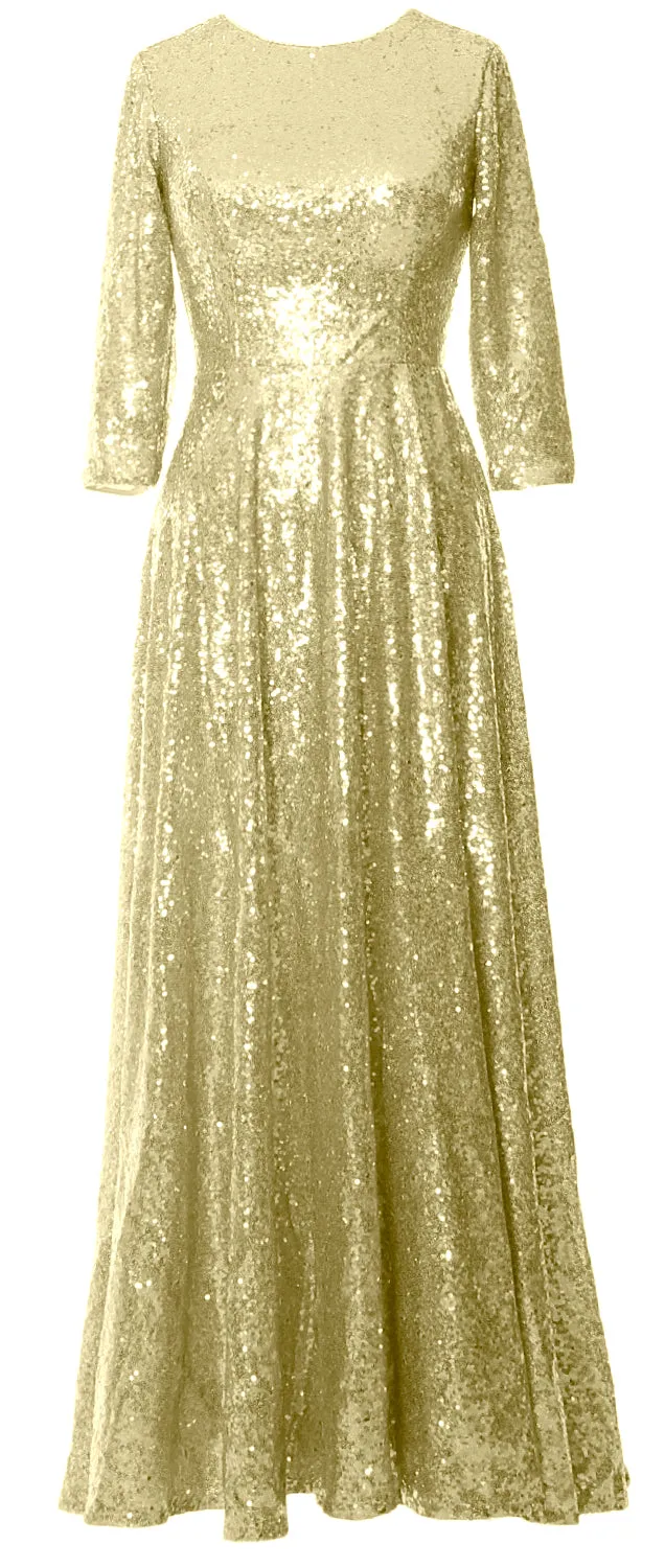 MACloth Women Mother of Bride Long Dresses 3/4 Sleeves Sequin Evening Gown Wedding Party Evening Performance Coustum
