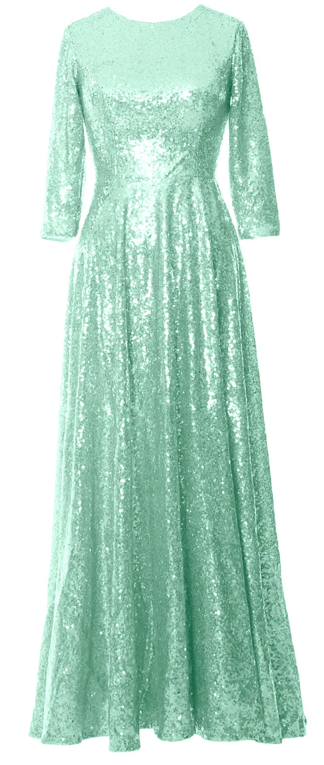 MACloth Women Mother of Bride Long Dresses 3/4 Sleeves Sequin Evening Gown Wedding Party Evening Performance Coustum