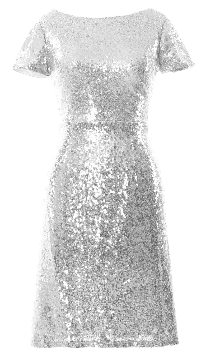MACloth Women Short Sleeves Knee length Sequin Bridesmad Cocktail Dresses